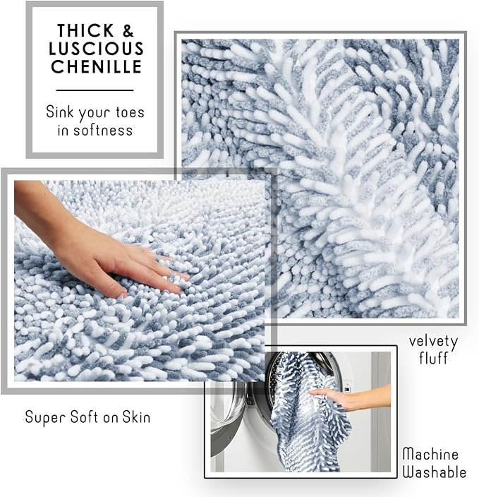 Hearth & Harbor Bathroom Rugs, Chenille Bath Mat - Machine Washable Bath Mats for Bathroom Non-Slip Backing Rubber, Quick Dry Bathroom Mat, 24 x 36 - Ombre Blue