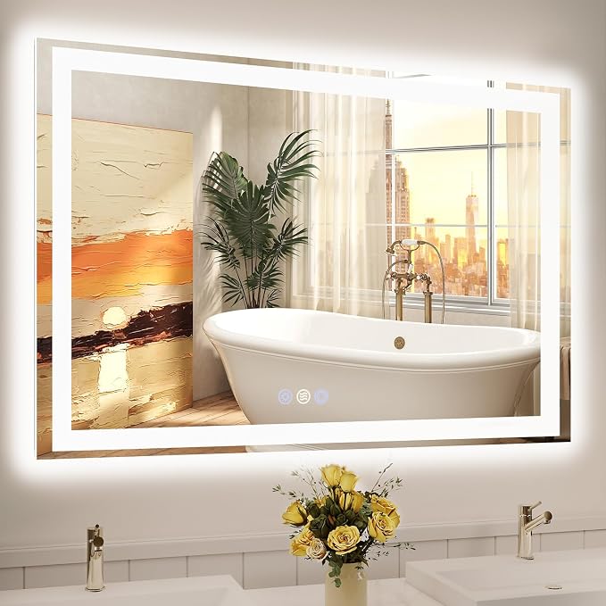 48x32 LED Bathroom Mirror, 6000LM, Separate Front and Back Lights | Shatter-Resistant Tempered Glass,Auto-Off Defogger,3 Color Modes,Smooth Dimming,Smart Memory Setting