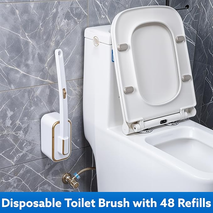 wlich Disposable Toilet Brush Set With 48 Refills, Wall-Mount Holder | Flexible Scrubbing Head, Hygienic Toilet Cleaning, Wall-Mounted Storage for Homes, Apartments, Dorms, Offices, Hotels