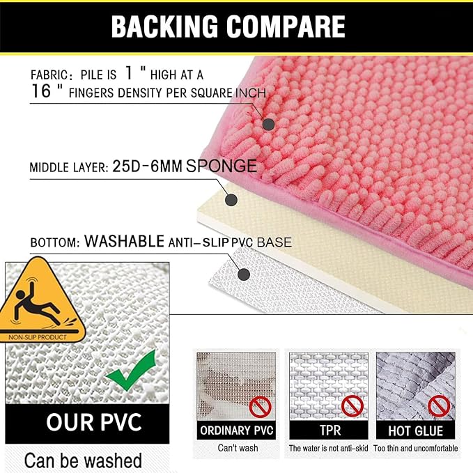 Bathroom Rugs Chenille 3-Piece Extra Soft and Absorbent Shag Bathroom Rugs, Machine Wash Mat, Strong PVC Non-Slip Underside, Plush Carpet Mats (Pink)
