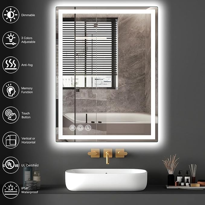 Memobarco 28" x 36" LED Bathroom Mirror with Lights, Memory Vanity Mirror | Anti-Fog, 3 Color Modes, Dimmable, Front Lit, Memory Function, Tempered Glass, Lighted Bathroom Mirror for Wall