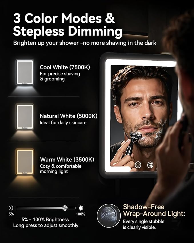 Heated Shower Mirror Fogless for Shaving with 3-Color Dimmable LED Lights, Rechargeable, 360 Degree Adjustable, Drill-Free, All-in-One Storage Tray Holds Shaving Foam, Brush and 2 Razors