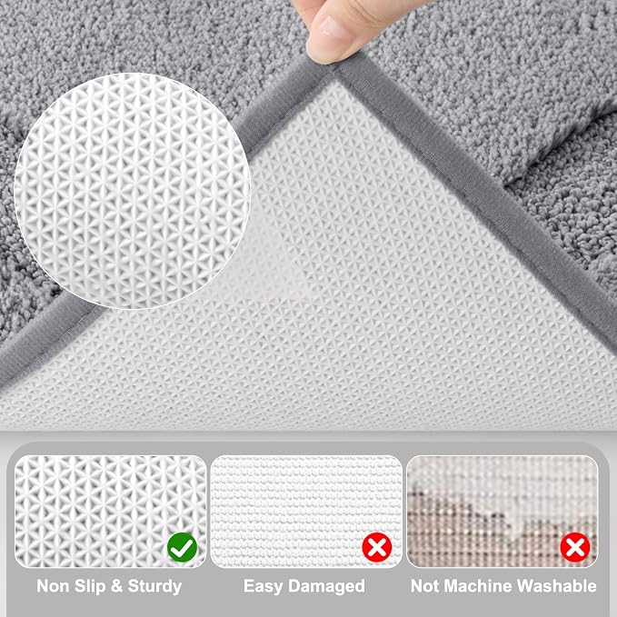 SHACOS Soft Microfiber Small Bathroom Rugs Set 2 Pieces with Toilet Rug | Absorbent Plush Bath Mats U Shaped Shower Bath Rug, Non Slip Washable Fluffy Bathroom Floor Mats, 24x16+24x20, Light Grey