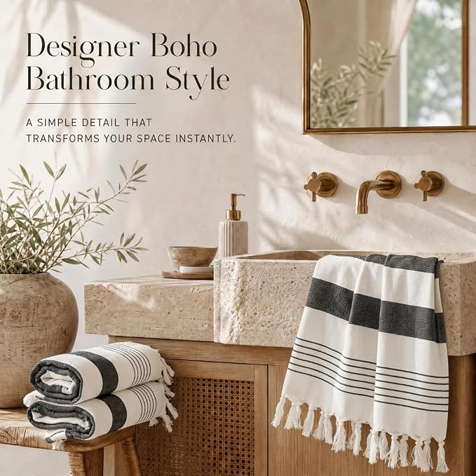KIBAGA Decorative Hand Towels for Your Bathroom Or Kitchen - Luxurious Set of 2 Soft Boho Cotton Towels are Absorbent, Lightweight & Dry Quickly - Perfect to Elevate Any Bath Decoration at Home