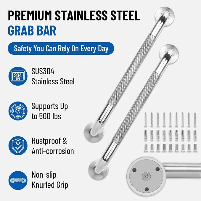 MrHAND Stainless Steel Grab Bars for Bathroom,2 Pack 18 Inch Shower Handles | Knurled Chorme Grip,Shower grab bar, Toilet Grab Bars,Handicap Grab bars,Bathroom Grab Bars for Seniors