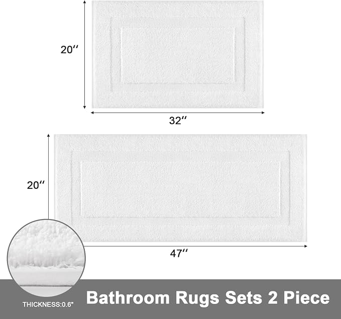 SHACOS Soft Microfiber Bathroom Rugs Set of 2 Pieces, White | 47x20 + 32x20, Absorbent Plush Bath Rugs, Non Slip Washable Shaggy Bath Mats, Fluffy Bathroom Runner Floor Mats Shower Rug