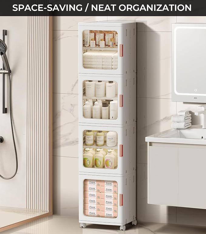 4-Tier Tall Narrow Bathroom Storage Cabinet with Doors and Adjustable Shelves Slim Foldable Cabinets with Wheels Small Spaces Plastic Organizers for Kitchen Laundry Room Bedroom Pantry,White