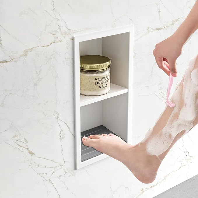 Neodrain Shower Foot Rest for Shaving Legs, 304 Stainless Steel Shower Niche, Recessed Shower Step for Shaving Legs,Niche for Shower Wall, Bathroom Foot Rest (White, 12.3"x 6")