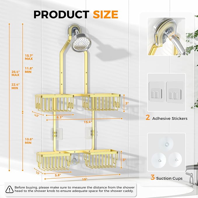 Adjustable Aluminum Shower Caddy Hanging for Handheld Showerhead, Gold | Rustproof Aluminum, Shower Organizer, Anti-Slip, Quick-Drain Shelf, 40lbs Capacity, Suction Cups, 8 Hooks, Razor Soap Holders