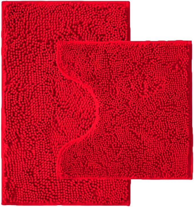 Bathroom Rugs Sets 2 Piece,Super Absorbent Chenille Bath Mats and U-Shaped Toilet Rug,Strong PVC Non Slip Backing,Microfiber Washable Dry Quickly Bath Mats for Bathroom(20"x32"+20"x20"U, Red)