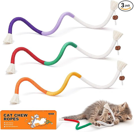 Potaroma Cat Toys Chew Ropes 3Pcs with Refillable Natural Catnip | Safe Teeth Cleaning & Teething for Indoor Kittens, Interactive Cat Nip Kitty Toys for All Breeds 19.5 Inches