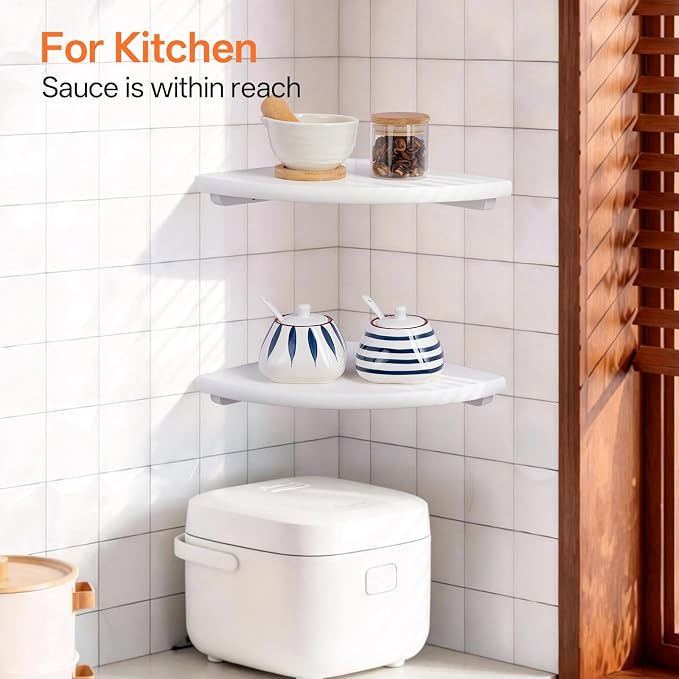Gieanoo Floating Corner Shelves Set 2 12inch White Solid Oak Rounded Corner Shelves Wall Mounted with Cable Hole Wood Corner Hanging Shelves for Living Room Bedroom Bathroom Kitchen