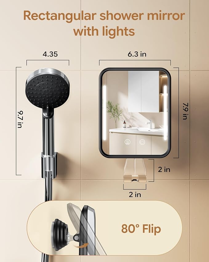 Gospire Heated Shower Mirror with Light Fogless Mirror for Shaving 2026New | 5000mAh Rechargeable Battery, Detachable Suction Cup, Razor Holder for Wall, NO-Drilling, Waterproof for Bathroom