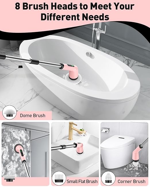Electric Spin Scrubber for Bathroom, Shower Scrubber with Long Handle | Shower Cleaner Brushes, IPX7 Waterproof & 2 Speed, 3 Brush Heads, 90min Runtime, Bathroom Cleaning Supplies for Toilet Tub