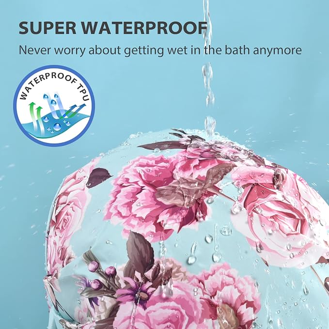 INNELO Shower Cap for Women Reusable Waterproof, Double Layer, Satin Lined | Bath Cap, Adjustable Elastic Strap, Large Size for Short Long Curly Hair, Soft Silky Lined, Anti Frizz, Shower Essentials