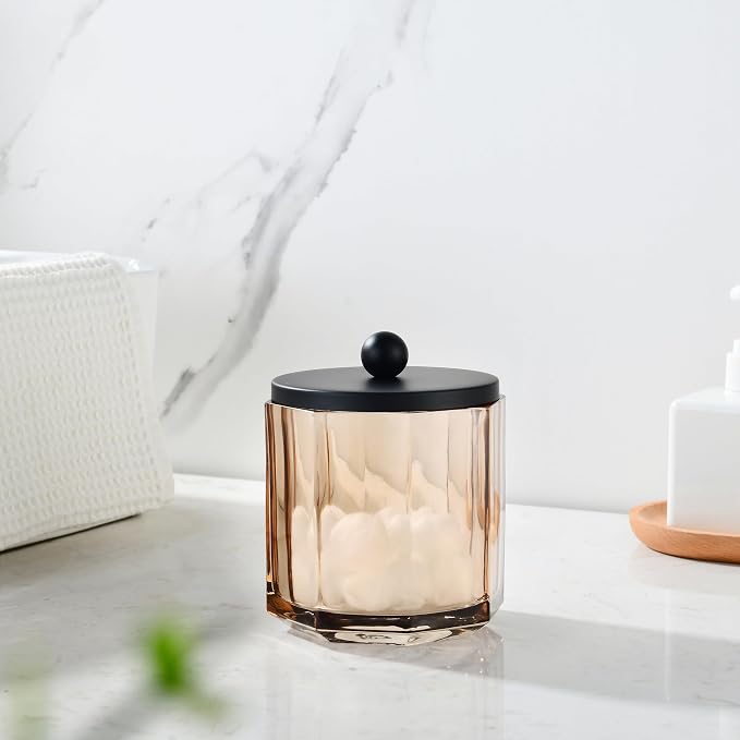 Taupe Translucent Apothecary Octagional Shaped Glass Canister Jar With Matte Black Metal Lid Cover for Bathroom Organization, Cotton Balls, Q Tips, and Small Accessories, Bathroom Storage