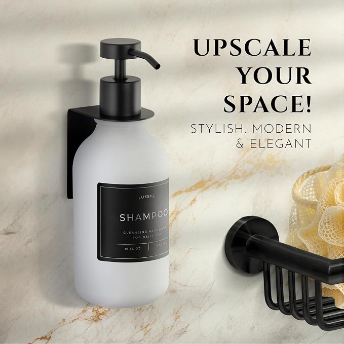 Shower Shampoo Dispenser Wall Mounted – Refillable 16.9 oz White Bottle with Stainless Steel Pump & No-Drill Adhesive Holder – Soap Dispenser for Bathroom (1 X White/Black)
