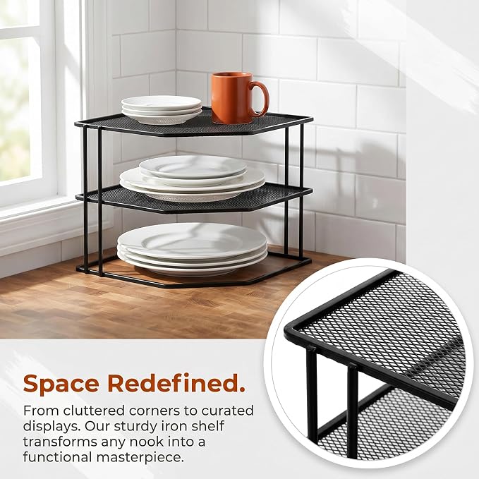 yarlung 3-Tier Cabinet Corner Shelf, 9x9x7.5 Inches Metal Wire Plate Rack Kitchen Counter Corner Organizer for Cups, Dishes, Cupboard, Pantry, Black Elegant Finish