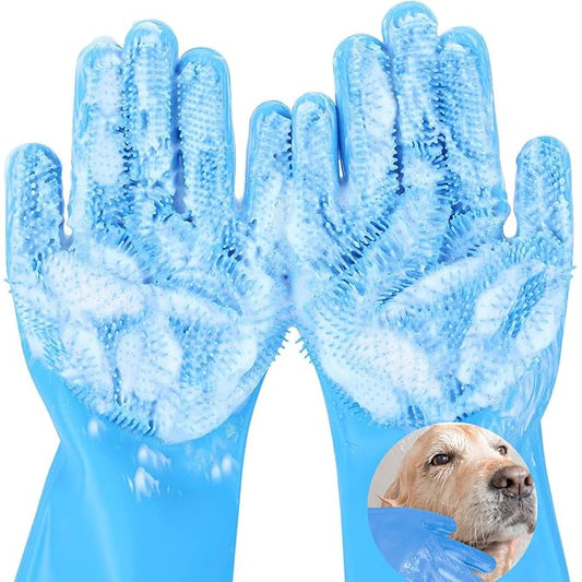 Pet Grooming Gloves, 5-Finger Silicone Dog Bath Scrubber with High-Density Teeth, Reusable Washing Massage Gloves for Dogs & Cats（Blue）