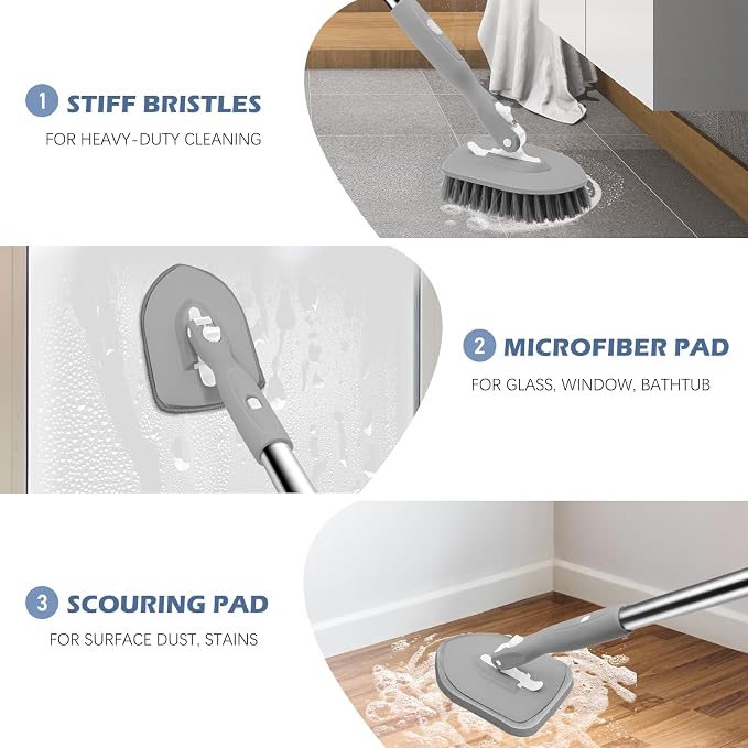 SetSail Tile Tub Scrubber Brush 3-in-1 Long Handle Shower Scrubber, Gray | with 3 Detachable Replacement Brush Head, Multi-Angle Cleaning Locks at 45°, 90°, 180° for Bathroom Kitchen Walls Tub Tile