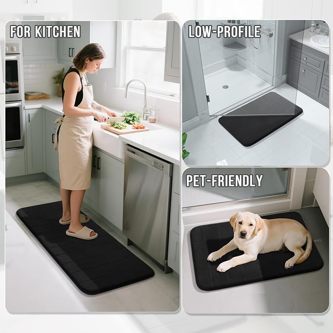 Yimobra Memory Foam Bath Mat Set 2 Piece - Super Soft Absorbent Quick Dry Bathroom Toilet Rugs, Machine Washable Non Slip Floor Carpet for Tub Shower & Single Sink (31.5x20 & 24x20, Black)