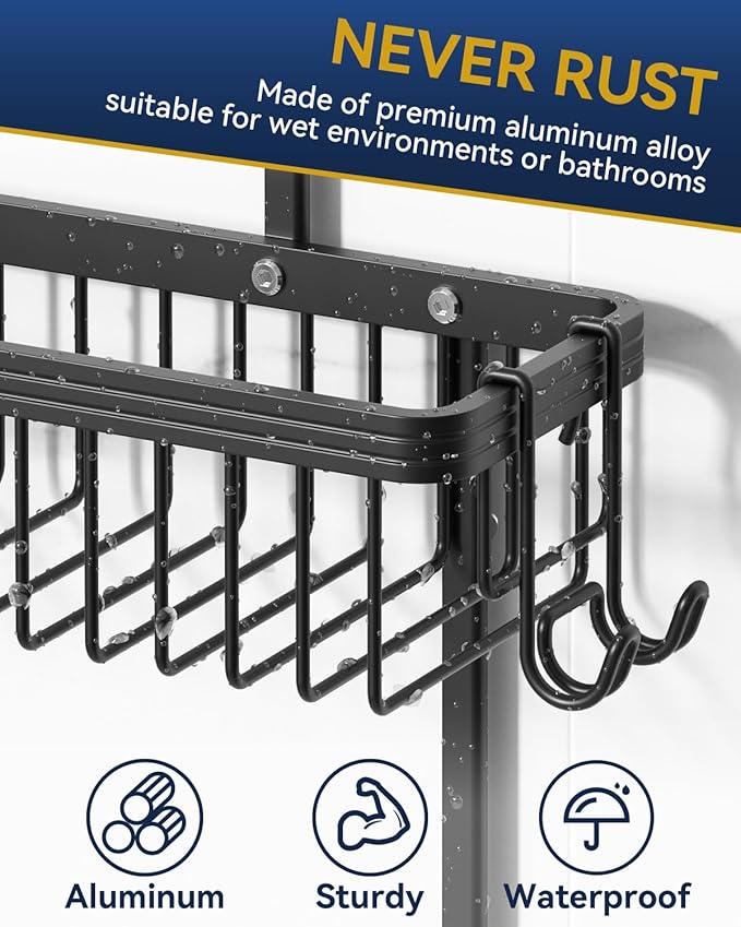 YASONIC Never Rust Shower Caddy Hanging, Aluminum Shower Racks for Inside Shower, 2-Tier Shower Organizer Hanging Over Shower Head with Hooks and Soap Holder, Black