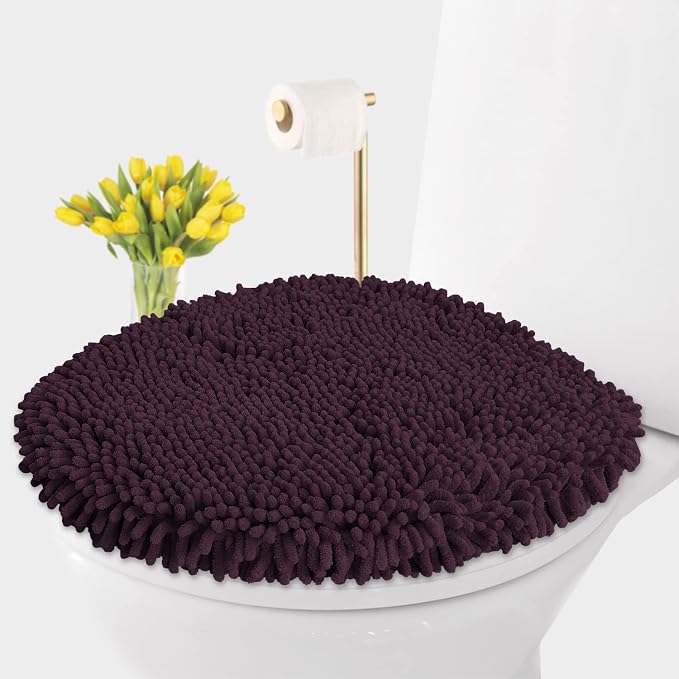 LuxUrux Toilet Lid Cover, Extra-Soft Plush Seat Washable Shaggy Microfiber Standard Toilet Lid Covers for Bathroom Machine Wash & Dry. (18 x 21 inches, Plum)