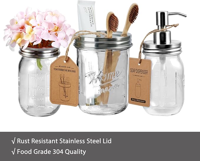 SheeChung Mason Jar Toothbrush Holders, Glass Toothbrush Holders for Bathroom, Bathroom Essentials, Mason Jar Bathroom Accessories Set, Bathroom Countertop Organizer-Brushed Steel