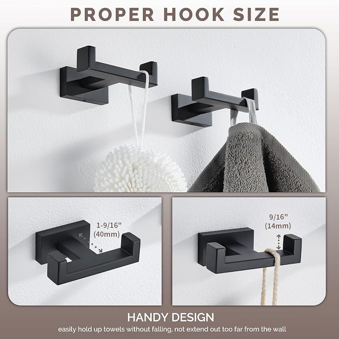 Angle Simple Bathroom Towel Hooks, SUS304 Stainless Steel Shower Double Robe Coat Hooks for Wall, Matte Black, 2 Pack