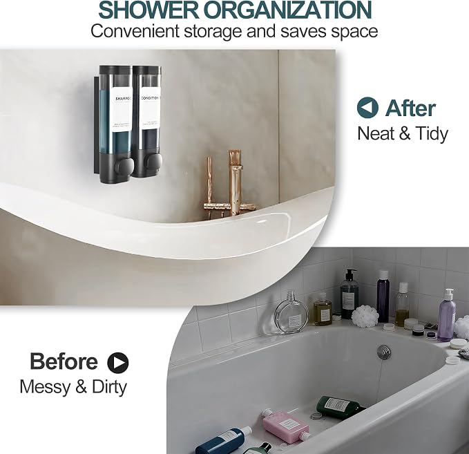 Shampoo Conditioner Shower Soap Dispenser 2 Chamber Wall Mount Black | Refillable. Leakproof 600ml. No-Drill Wall Mount. Soap, Shampoo, Conditioner, Body Wash, Shower Gel, Bathroom Set. BPA-Free.