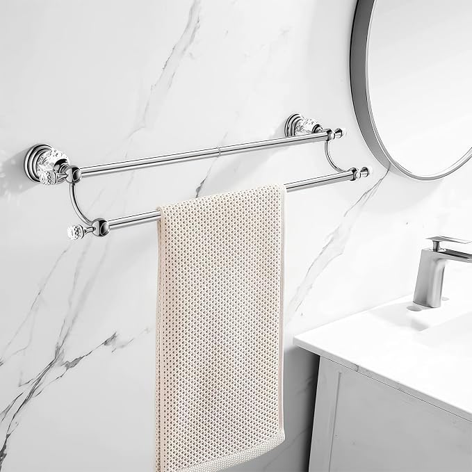Double Chrome Crystal Towel Holder Adjustable Gold Towel Bar 14 to 25 Inch, Towel Rack Rail for Bathroom Wall Mounted
