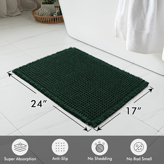 MIULEE Set of 2 Waffle Bathroom Rugs Boho Bath Mat Dark Green 17x24 Inch | Non Slip, Super Absorbent, Washable, Ultra Soft, Rubber Backed, Small Bath Rugs for Bathroom Floor Tub Shower
