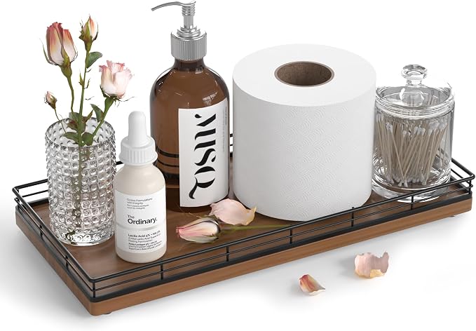 Oak Bathroom Toilet Tank Tray, 13" Wood Back of Toilet Paper Storage Tank Topper Basket, Vanity Tray for Perfume Makeup Candle Toiletry Organizer for Kitchen Coffee Table Walnut Tray Decor