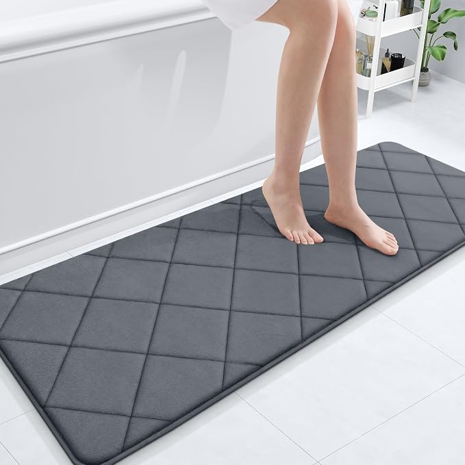 OLANLY Memory Foam Bath Mat 59x20, Ultra Soft and Absorbent Bathroom Rugs | Dark Grey, Quick Dry, Machine Washable Shower Bath Rugs, Comfortable Bath Carpet for Bathroom Floor, Tub and Shower