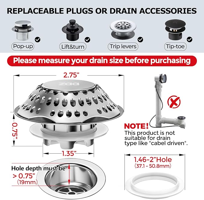 zaa 2 in 1 Bathtub Drain Stopper & Hair Catcher Pop-Up Plug | Upgraded Silver Pop Up Tub Plug for 1.46-2" Drain, Replaces Lift & Turn Tip-Toe or Trip Lever, Easy Hair Catcher