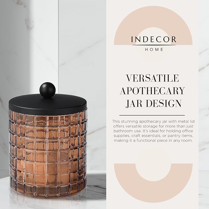 Amber Colored Tranlucent Apothecary Etched Geometric Grid Glass Jar W/Matte Black Metal Lid for Bathroom Organization, Cotton Balls, Q Tips, and Small Accessories, Bathroom Storage