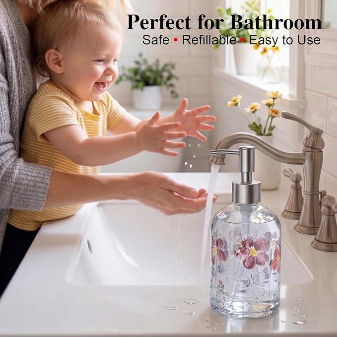 Topadorn Hand and Dish Soap Dispenser Set, 2 Pack 17oz Glass Soap Dispensers with Pump, Refillable Kitchen Soap Bottles, Coordinated Floral Bathroom Counter Decor