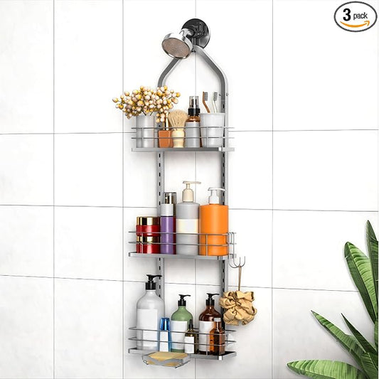 Shower Caddy Hanging (Silver), Adjustable Anti-Swing-Over The Shower Head Caddy, 3 Tier Height Bathroom Storage Organizer, Bathroom Shelves Basket Rack, Shower Caddies Rack with Adjustable Soap Basket