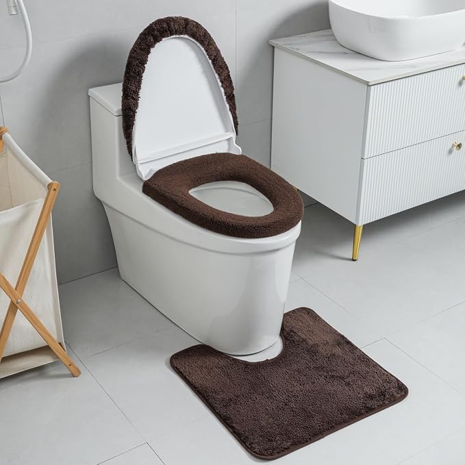 3piece Toilet Seat Cover Set - Toilet Seat Cover +Toilet Lid Cover + toilet rugs u shaped washable, Fits Most Elongated Round and Oblong Toilet,(Machine Washable,Quick-Dry) coffee