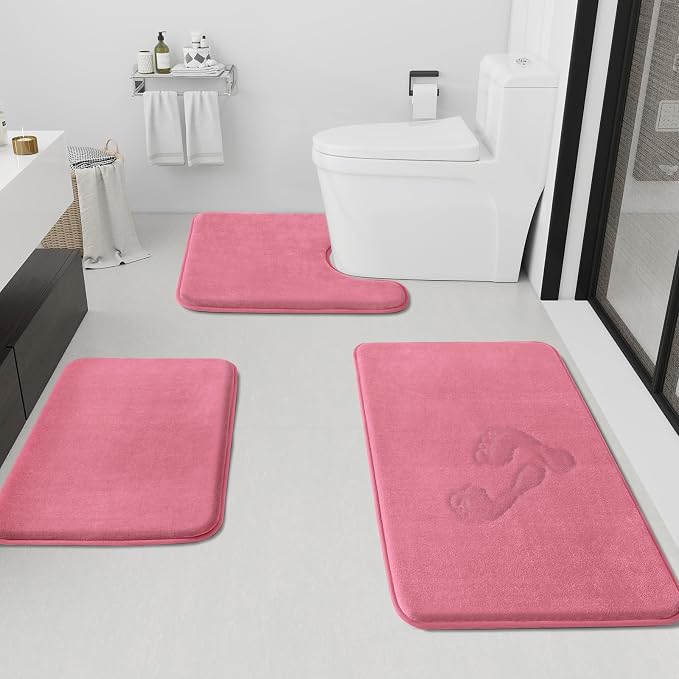 Bathroom Rugs Sets 3 Piece, Non-Slip & Quick Dry Bath Mat Set, Ultra Soft Velvet Bath Rugs for Bathroom, Toilet and Shower Floor, Pink