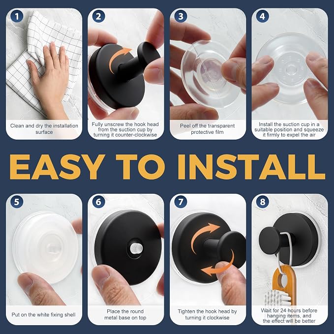 Large Suction Cup Hooks for Shower,Glass Window&Door,Mirror,Reusable Shower Hooks,No-Drill Removable Towel Hooks for Bathroom,2 Packs(Matte Black)