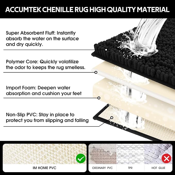 ACCUMTEK Upgrade Extra Large Black Bathroom Rug Set 3 Pieces Ultra Soft, Thick Absorbent Bath Mats, Non Slip Chenille Toilet Mat for Bathroom, Bedroom, Kitchen