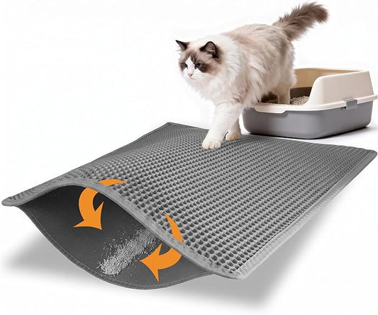 Pieviev Litter Box Mat, Double-Layer Urineproof Design, 30" x 24" Gray | Honeycomb Litter Trapping Mat Captures Scattered Particles to Stop Tracking, Waterproof Base Protects Floors, Easy to Clean