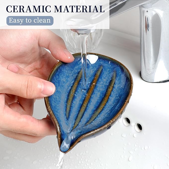 Soap Dish, Self-Draining Soap Holder, Leaf Shape Ceramic Bar Soap Holder Drain Soap Dishes for Bathroom Sink Kitchen, Easy to Clean Keeps Soap Dry, Blue, ANTIS'S HOME