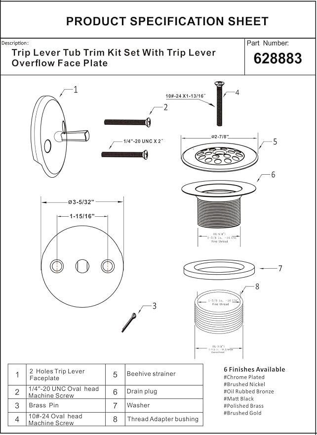 Artiwell Trip Lever Tub Trim Kit Set With Trip Lever Overflow Face Plate, Trip Lever Bathtub Drain with Strainer, Overflow and Matching Screws (BRUSHED NICKEL)