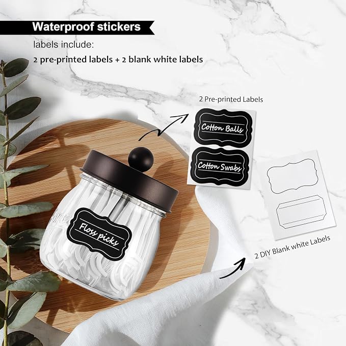 SheeChung 2 Pack Acrylic Mason Jar Qtip Holder Dispenser with Labels,Bronze | Small Plastic Apothecary Jars,Vanity Canisters for Cotton Swabs,Balls,Floss Picks,Bathroom Storage Organizers,Farmhouse Decor