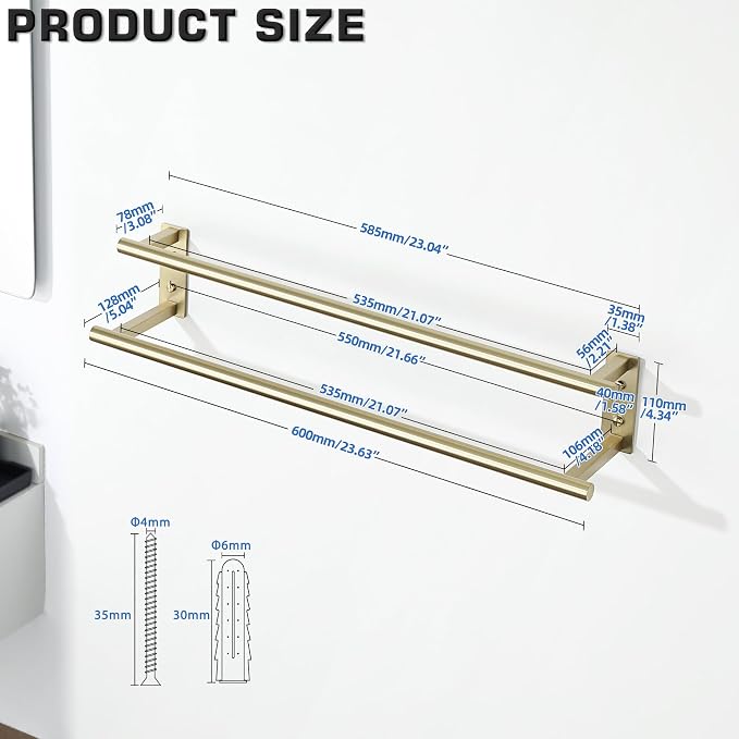 Alise Double Towel Bars for Bathroom Wall Mounted,24 InchSUS304 Stainless Steel Bathroom Towel Holder,Towel Hanger Towel Racks for Bathroom,Brushed Gold Towel Rod