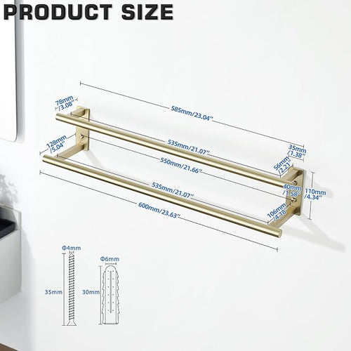 Alise Double Towel Bars for Bathroom Wall Mounted,24 InchSUS304 Stainless Steel Bathroom Towel Holder,Towel Hanger Towel Racks for Bathroom,Brushed Gold Towel Rod