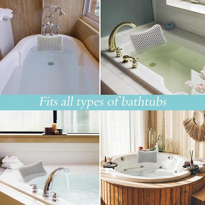Bath Pillows for tub,Home Spa Pillows for Bathtub, Hot Tub,Head and Neck Support with 2 Strong Suction Cups,Grey