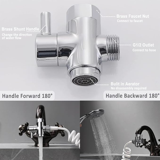 Brass Faucet Diverter Valve with Aerator, Faucet Adapter for Sink Hose Attachment, 3 Way Faucet Splitter with Male Thread Adapter, Faucet Connector for Bathroom/Kitchen(Chrome)